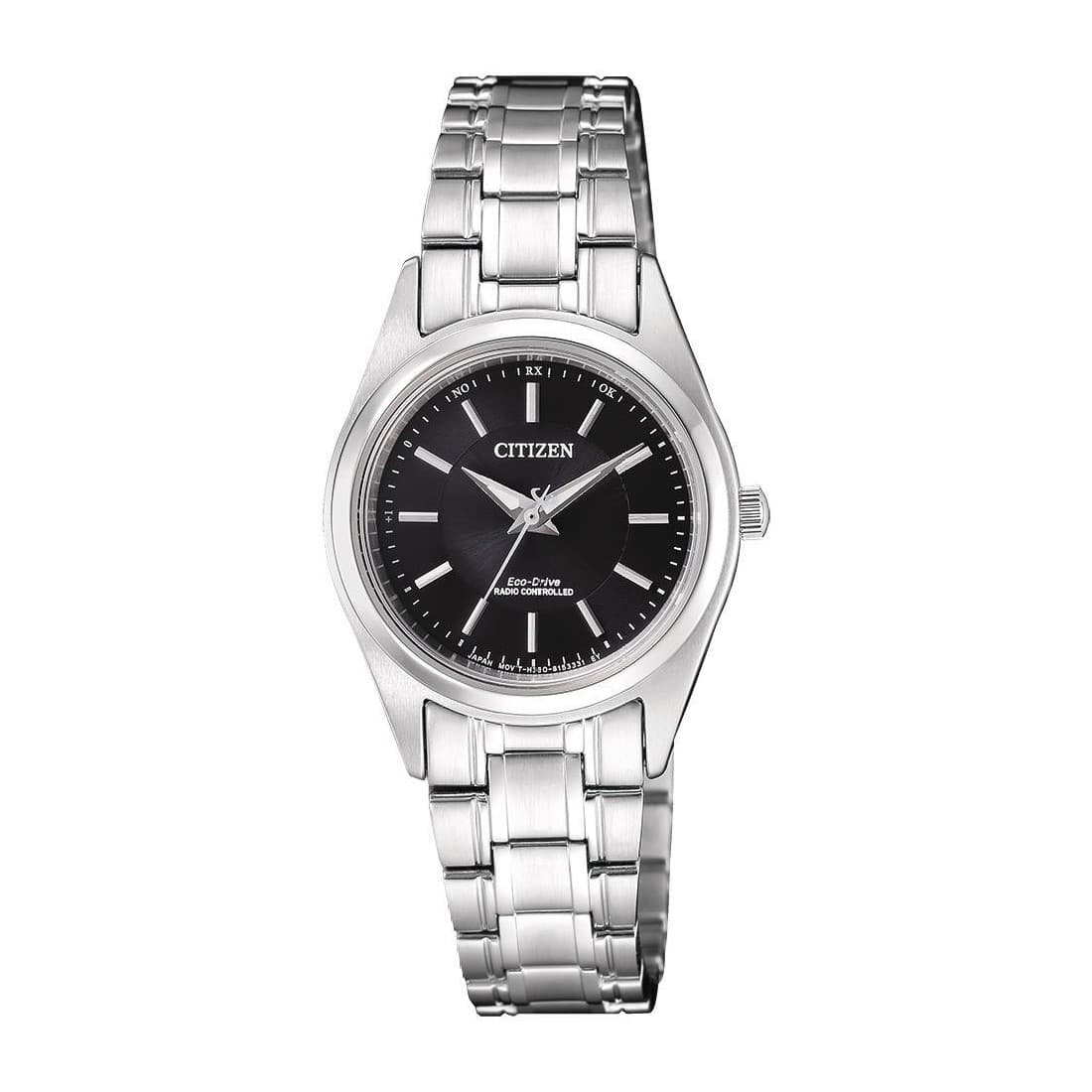 Citizen Eco-Drive radiostyret dameur ES4030-84E med sort urskive og stållænke