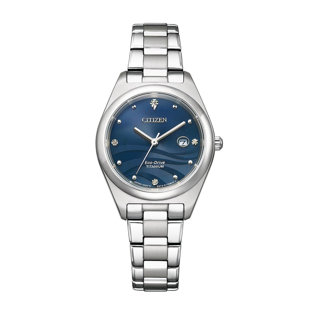 Citizen Eco-Drive dameur EW2600-83L med blå urskive og Super Titanium-lænke