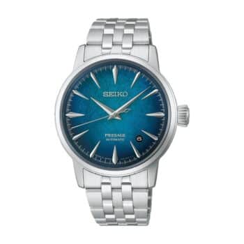 Seiko Presage Cocktail Time Emerald Mist automatik herreur HCB001J1 med blå urskive og stållænke