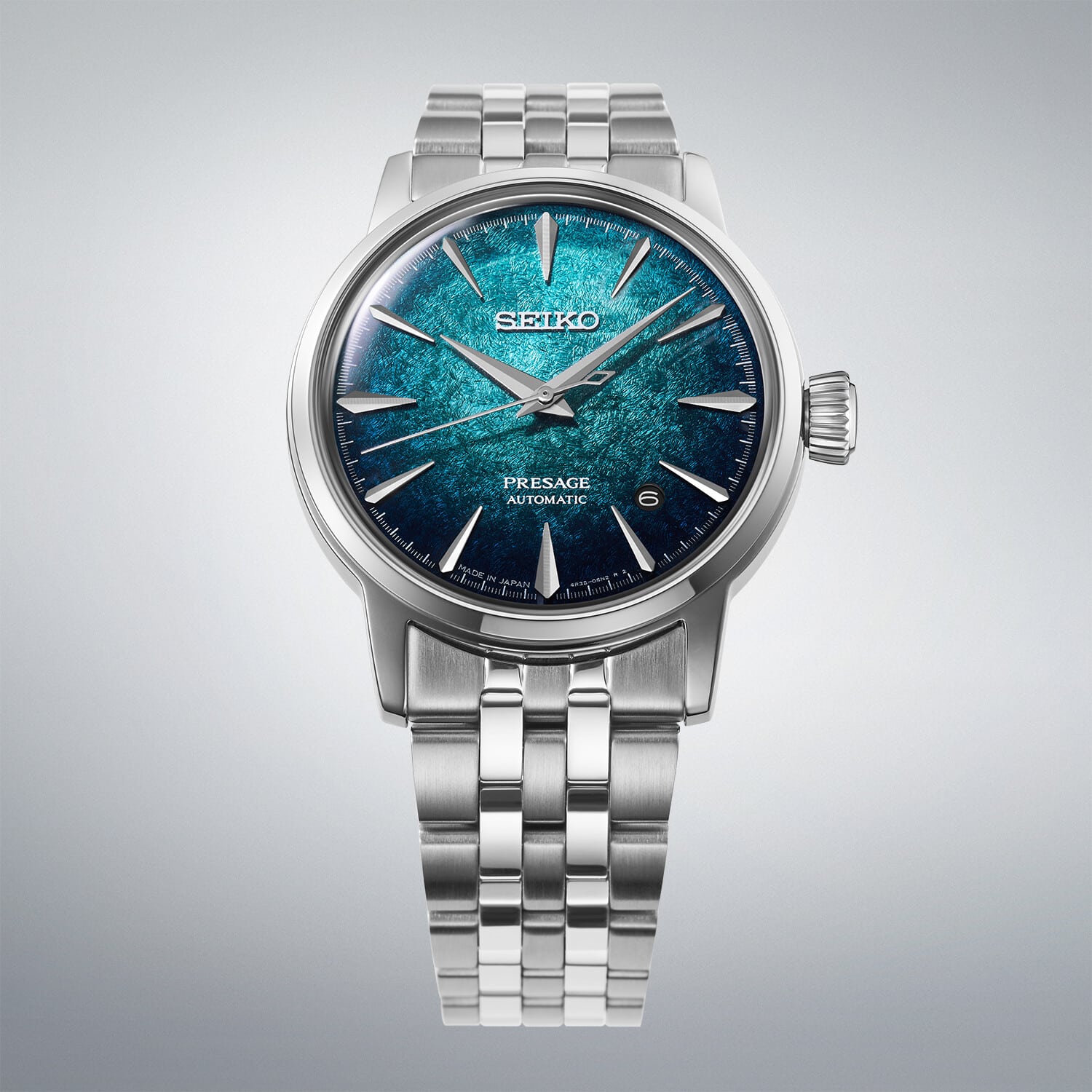 Seiko Presage Cocktail Time Emerald Mist automatik herreur HCB001J1 med blå urskive og stållænke