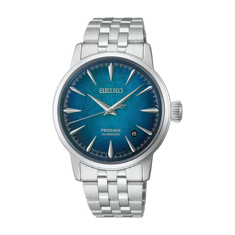 Seiko Presage Cocktail Time Emerald Mist automatik herreur HCB001J1 med blå urskive og stållænke