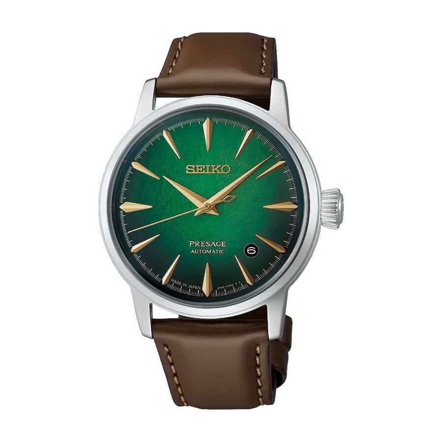 Seiko Presage Cocktail Time Mint Mist automatik herreur HCB002J1 med grøn urskive og brun læderrem