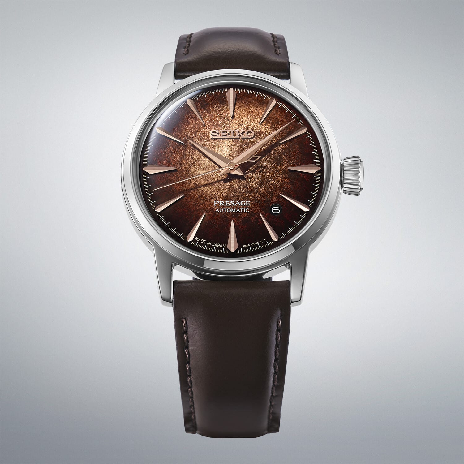 Seiko Presage Cocktail Time Whisky Mist automatik herreur HCB003J1 med brun urskive og brun læderrem