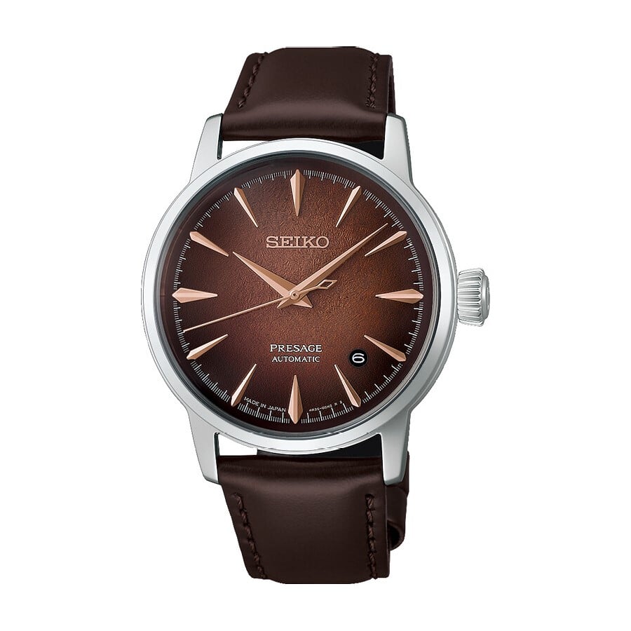 Seiko Presage Cocktail Time Whisky Mist automatik herreur HCB003J1 med brun urskive og brun læderrem