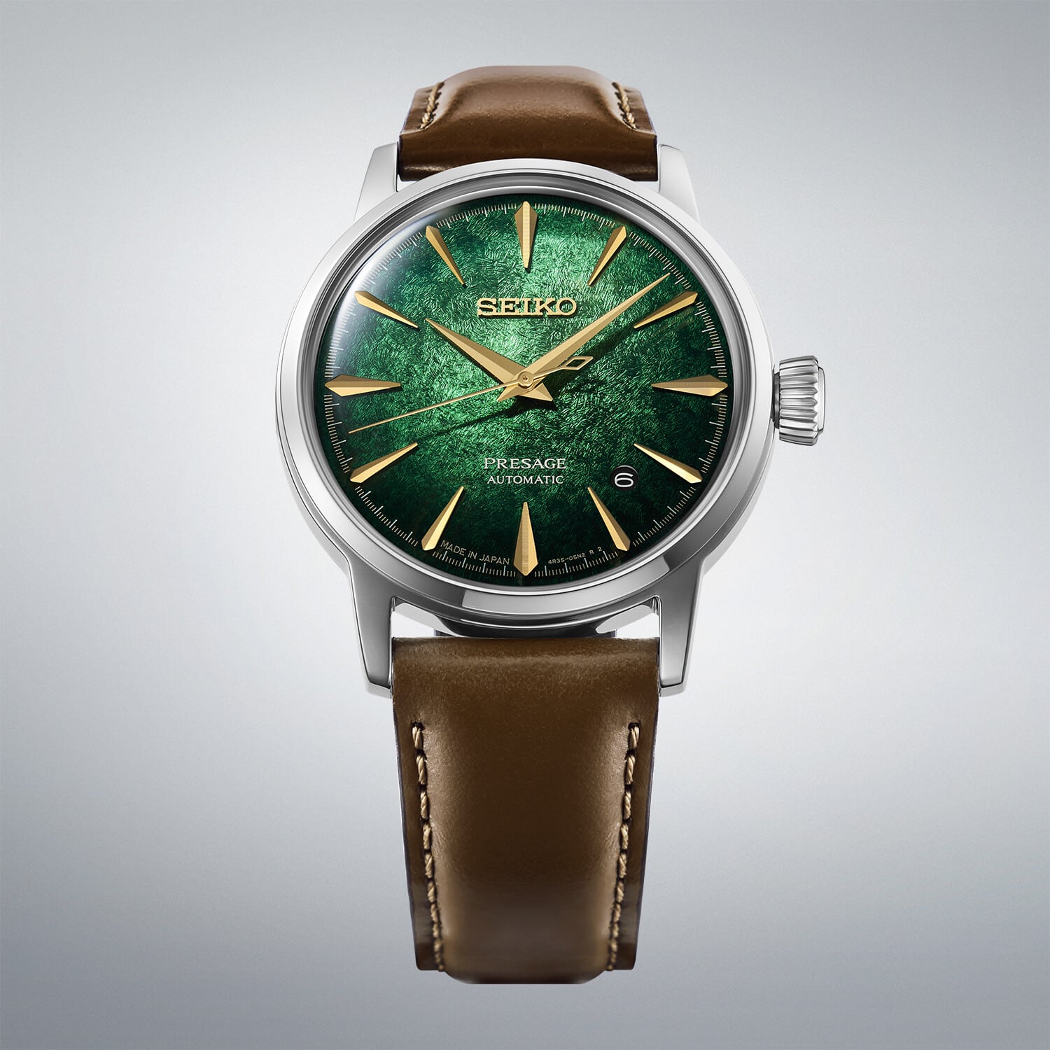 Seiko Presage Cocktail Time Mint Mist automatik herreur HCB002J1 med grøn urskive og brun læderrem