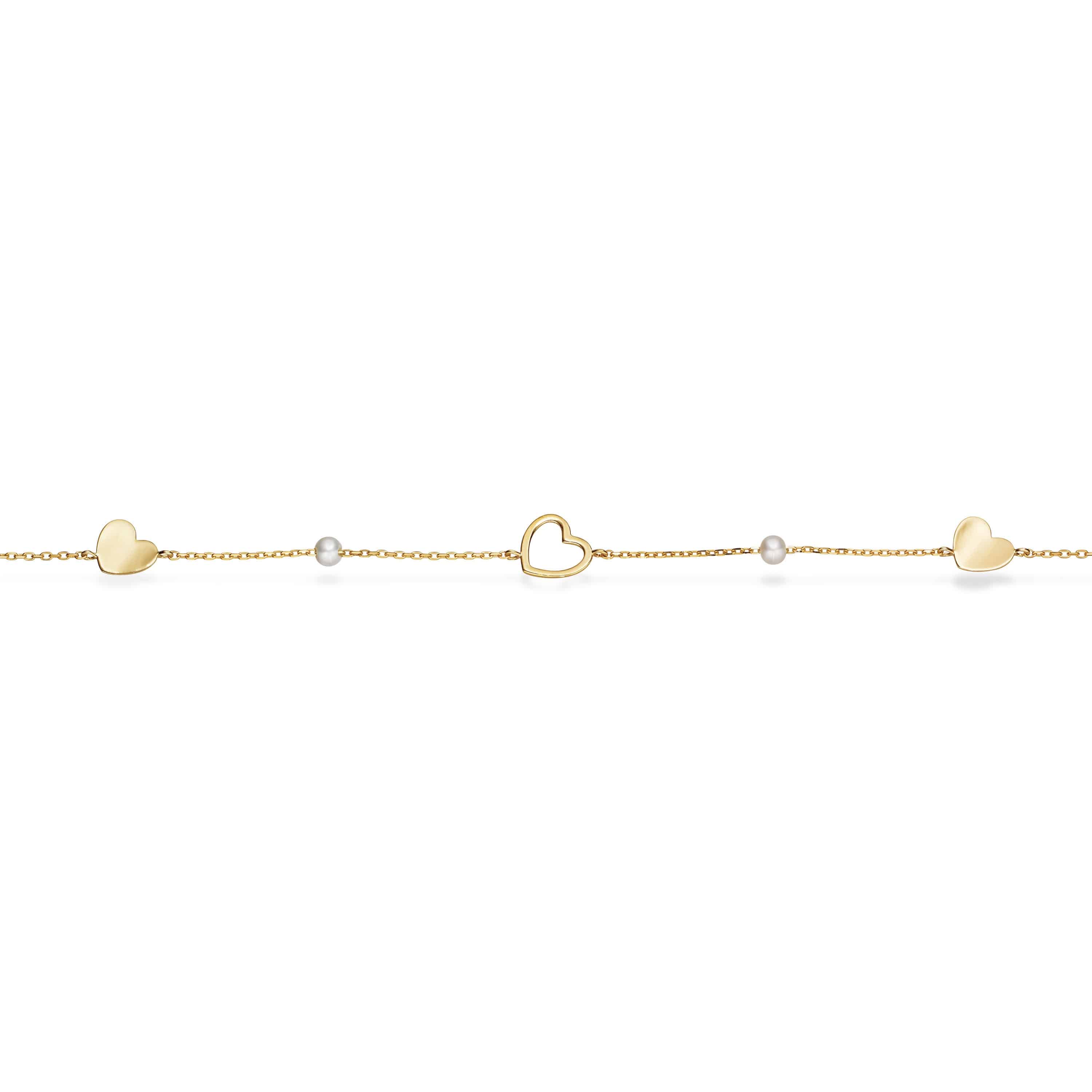 Scrouples armbånd i 8 karat guld med små hjerter og hvide ferskvandskulturperler