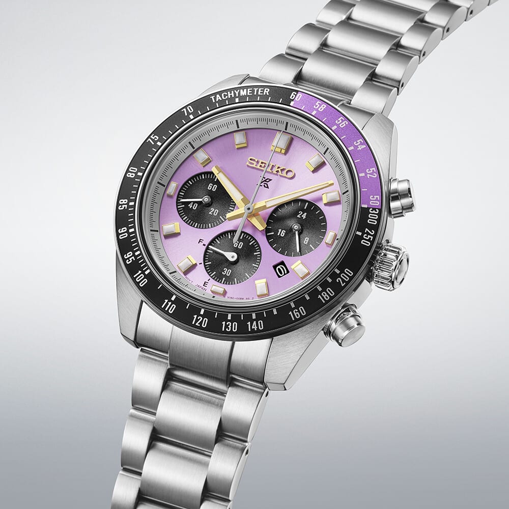 Seiko Prospex Speedtimer HBJ005P1 145th Anniversary Limited Edition med lilla urskive og stållænke